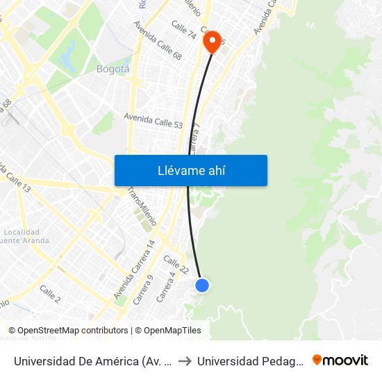 Universidad De América (Av. Circunvalar - Cl 19a) to Universidad Pedagógica Nacional map