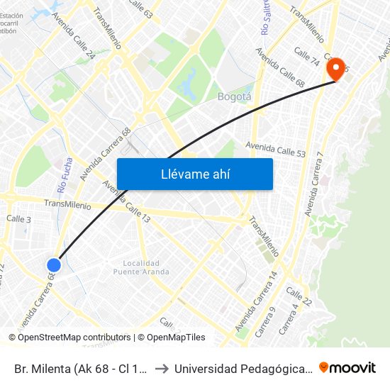 Br. Milenta (Ak 68 - Cl 15 Sur) (A) to Universidad Pedagógica Nacional map