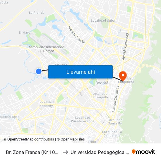 Br. Zona Franca (Kr 106 - Cl 14) to Universidad Pedagógica Nacional map