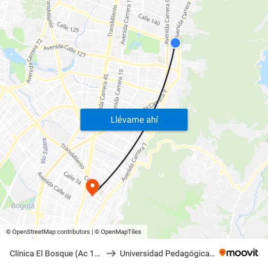 Clínica El Bosque (Ac 134 - Ak 7) to Universidad Pedagógica Nacional map