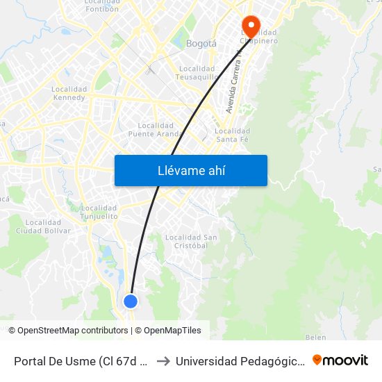 Portal De Usme (Cl 67d Sur - Kr 11) to Universidad Pedagógica Nacional map