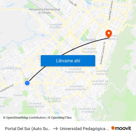 Portal Del Sur (Auto Sur - Kr 74) to Universidad Pedagógica Nacional map