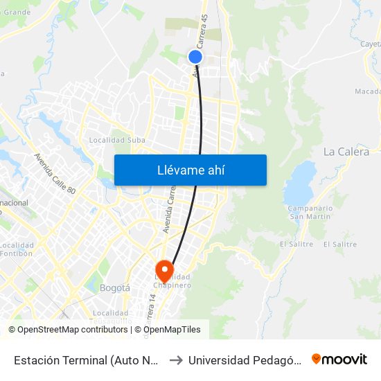 Estación Terminal (Auto Norte - Cl 191) (A) to Universidad Pedagógica Nacional map