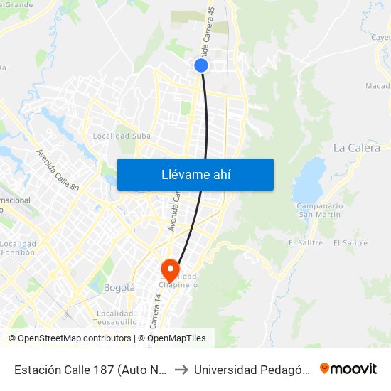 Estación Calle 187 (Auto Norte - Cl 187) (B) to Universidad Pedagógica Nacional map