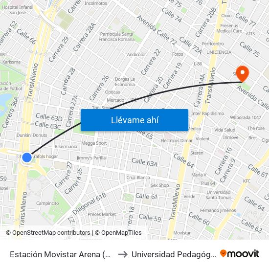 Estación Movistar Arena (Av. NQS - Cl 62) to Universidad Pedagógica Nacional map