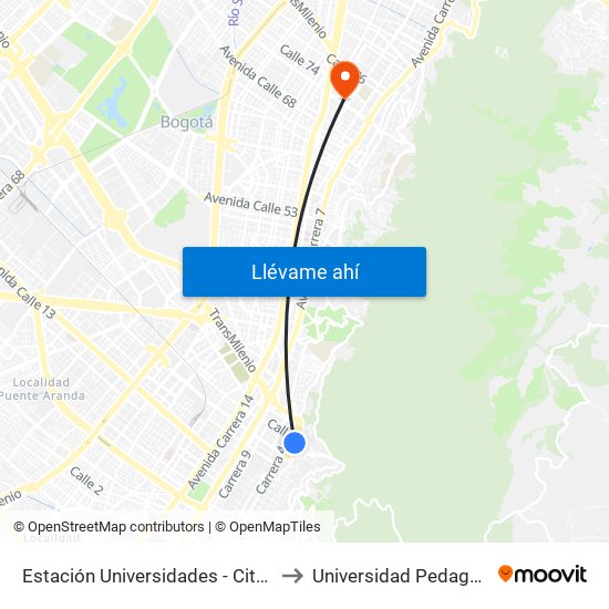 Estación Universidades - City U (Kr 3 - Cl 21) (A) to Universidad Pedagógica Nacional map