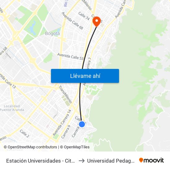 Estación Universidades (Kr 3 - Cl 20) (B) to Universidad Pedagógica Nacional map