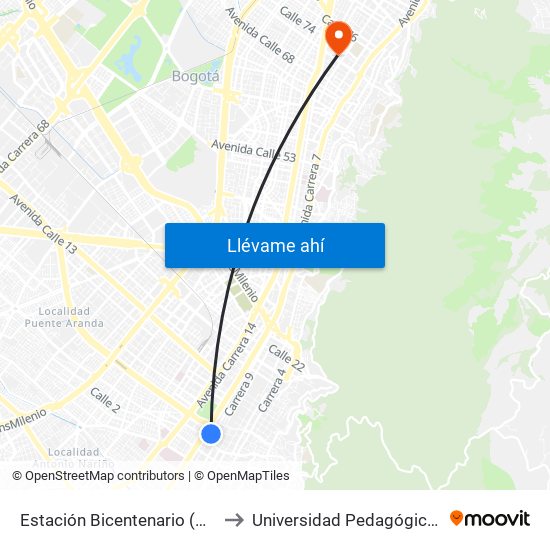Estación Bicentenario (Kr 9 - Cl 6a) to Universidad Pedagógica Nacional map