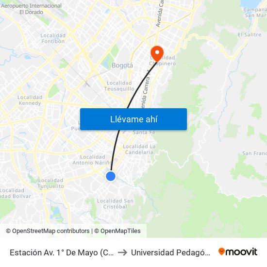 Estación Av. 1° De Mayo (Cl 17 Sur - Kr 9a) to Universidad Pedagógica Nacional map