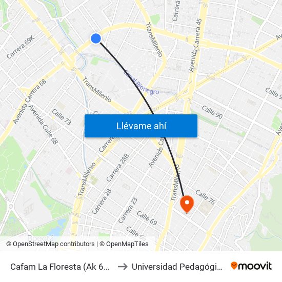 Cafam La Floresta (Ak 68 - Cl 98) (A) to Universidad Pedagógica Nacional map