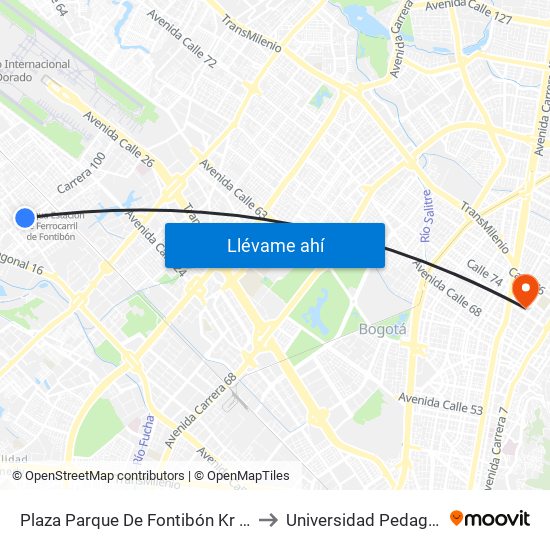 Plaza Parque De Fontibón Kr 100 (Kr 100 - Cl 17a) to Universidad Pedagógica Nacional map