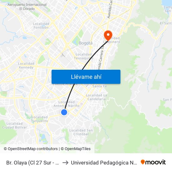 Br. Olaya (Cl 27 Sur - Kr 16) to Universidad Pedagógica Nacional map