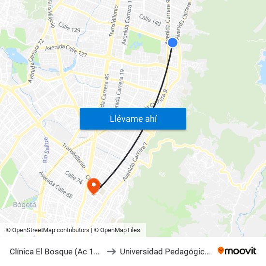 Clínica El Bosque (Ac 134 - Kr 7a) to Universidad Pedagógica Nacional map