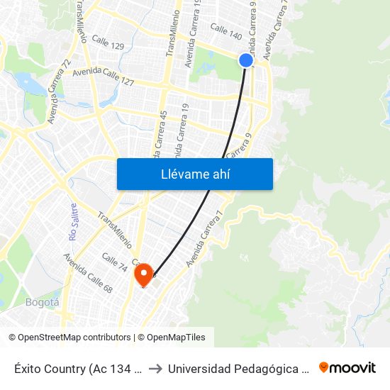 Éxito Country (Ac 134 - Kr 9b) to Universidad Pedagógica Nacional map