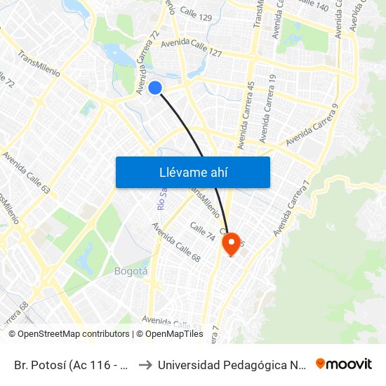 Br. Potosí (Ac 116 - Kr 71) to Universidad Pedagógica Nacional map