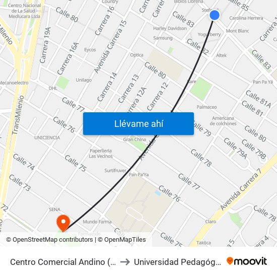 Centro Comercial Andino (Ac 82 - Kr 12) to Universidad Pedagógica Nacional map