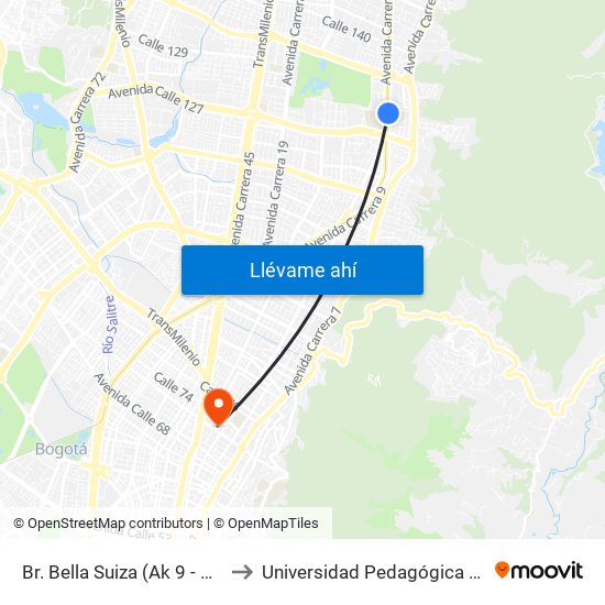 Br. Bella Suiza (Ak 9 - Cl 127b) to Universidad Pedagógica Nacional map