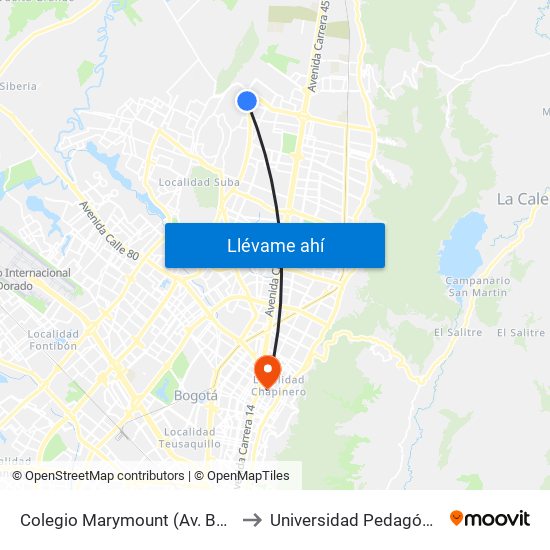 Colegio Marymount (Av. Boyacá - Cl 169b) to Universidad Pedagógica Nacional map