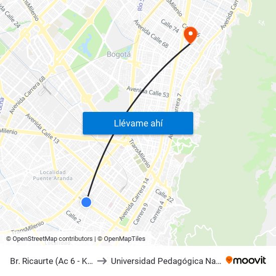 Br. Ricaurte (Ac 6 - Kr 26) to Universidad Pedagógica Nacional map