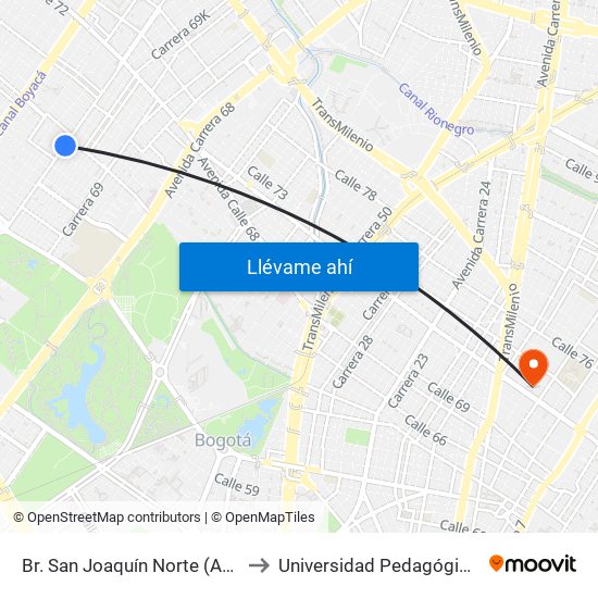 Br. San Joaquín Norte (Ak 70 - Cl 65) to Universidad Pedagógica Nacional map