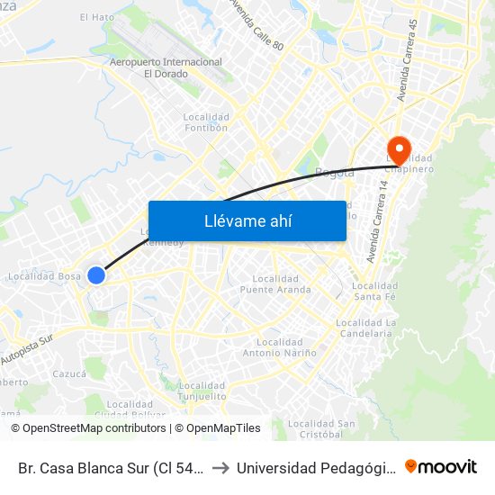 Br. Casa Blanca Sur (Cl 54 Sur - Kr 80d) to Universidad Pedagógica Nacional map