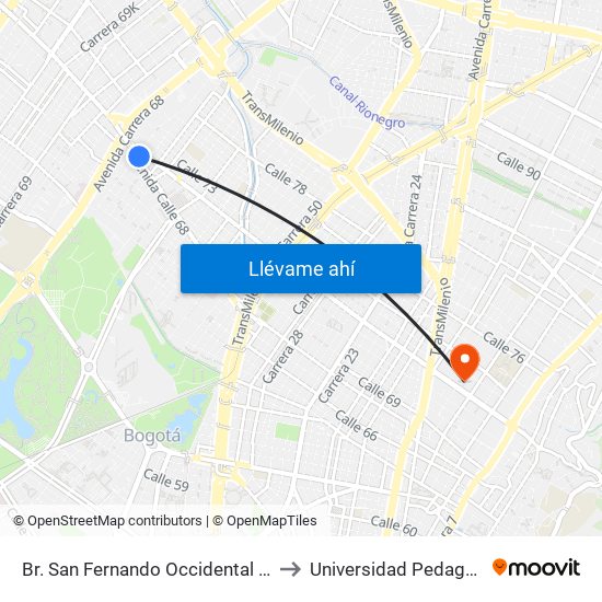 Br. San Fernando Occidental (Ac 68 - Kr 65b) (A) to Universidad Pedagógica Nacional map