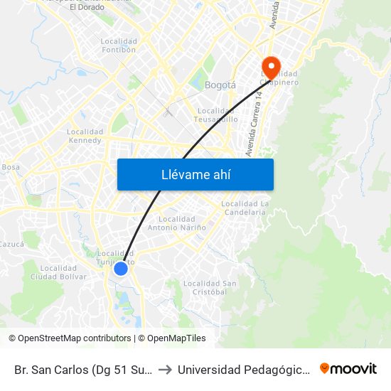 Br. San Carlos (Dg 51 Sur - Kr 18c) to Universidad Pedagógica Nacional map