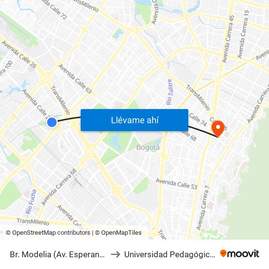 Br. Modelia (Av. Esperanza - Kr 72b) to Universidad Pedagógica Nacional map