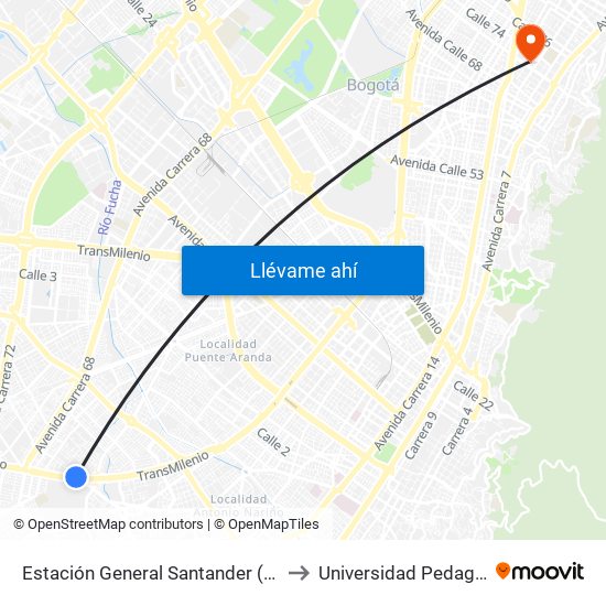 Estación General Santander (Auto Sur - Kr 50 Bis A) to Universidad Pedagógica Nacional map