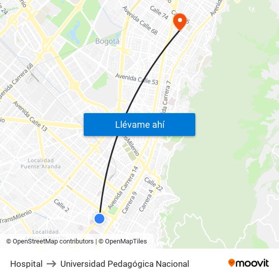 Hospital to Universidad Pedagógica Nacional map