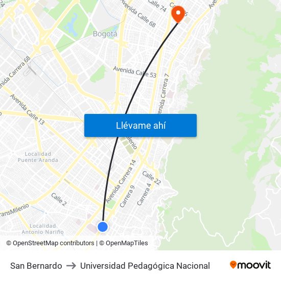 San Bernardo to Universidad Pedagógica Nacional map