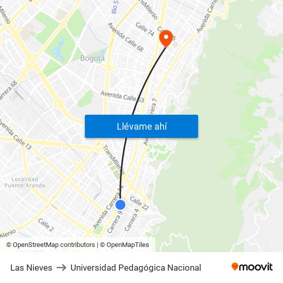 Las Nieves to Universidad Pedagógica Nacional map