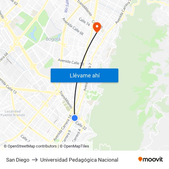 San Diego to Universidad Pedagógica Nacional map