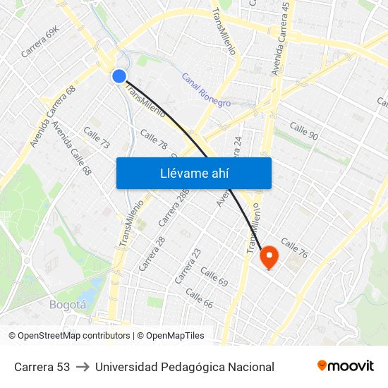 Carrera 53 to Universidad Pedagógica Nacional map