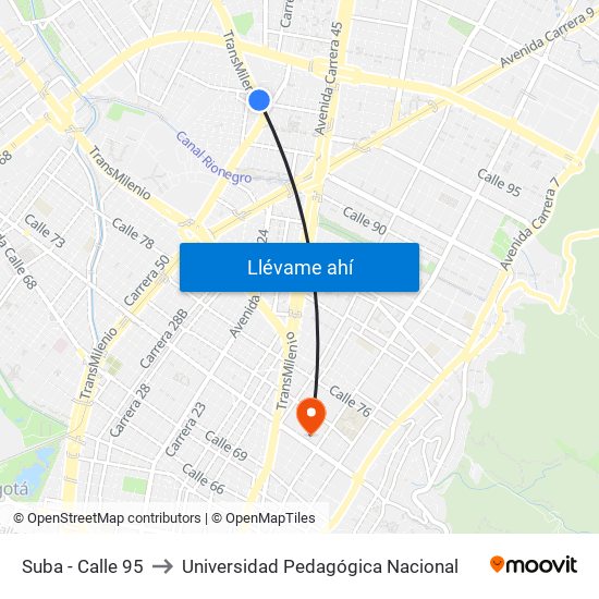 Suba - Calle 95 to Universidad Pedagógica Nacional map