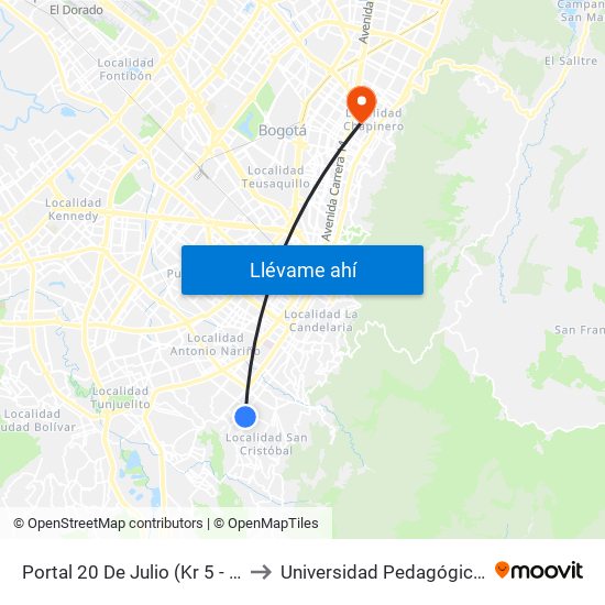 Portal 20 De Julio (Kr 5 - Cl 30a Sur) to Universidad Pedagógica Nacional map