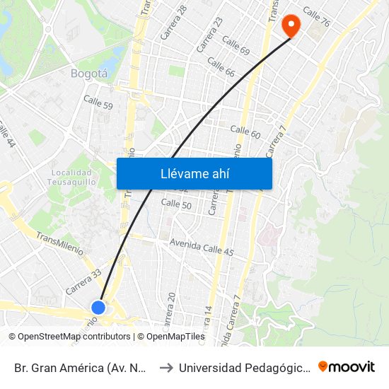 Br. Gran América (Av. NQS - Cl 25b) to Universidad Pedagógica Nacional map