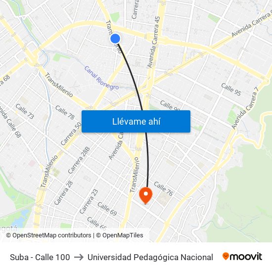 Suba - Calle 100 to Universidad Pedagógica Nacional map