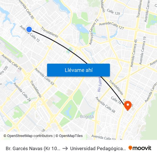 Br. Garcés Navas (Kr 104 - Cl 73) to Universidad Pedagógica Nacional map