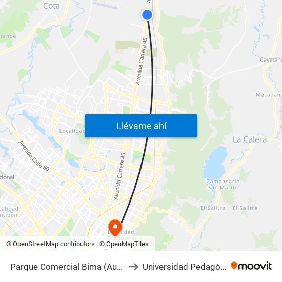 Parque Comercial Bima (Auto Norte - Ac 235) to Universidad Pedagógica Nacional map
