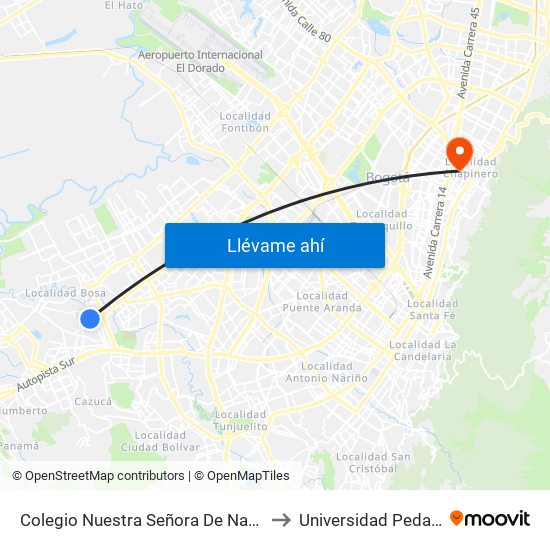 Colegio Nuestra Señora De Nazareth (Kr 80c - Cl 65d Sur) to Universidad Pedagógica Nacional map