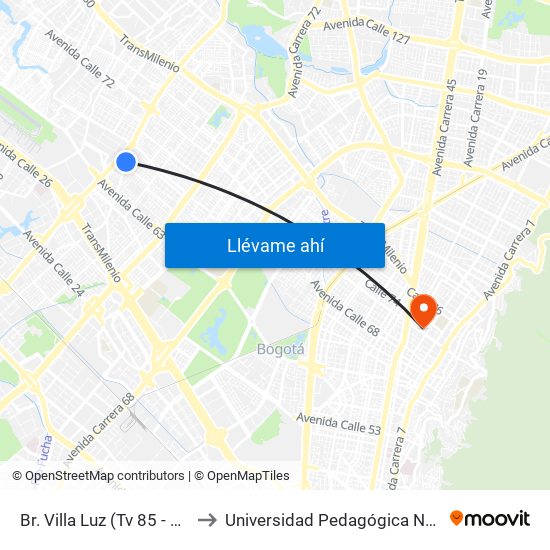 Br. Villa Luz (Tv 85 - Cl 64i) to Universidad Pedagógica Nacional map