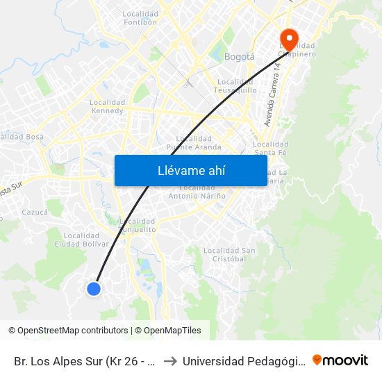 Br. Los Alpes Sur (Kr 26 - Cl 75 Bis Sur) to Universidad Pedagógica Nacional map