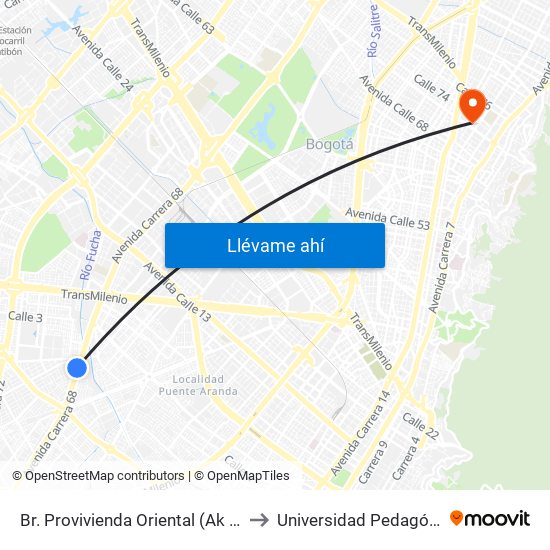 Br. Provivienda Oriental (Ak 68 - Cl 11 Sur) (A) to Universidad Pedagógica Nacional map