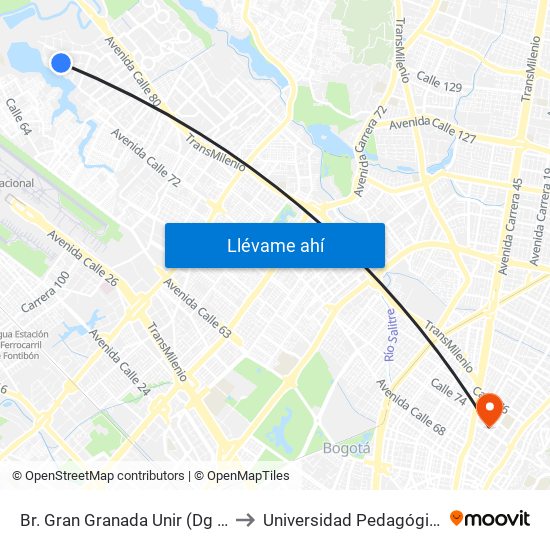 Br. Gran Granada Unir (Dg 77 - Tv 120a) to Universidad Pedagógica Nacional map
