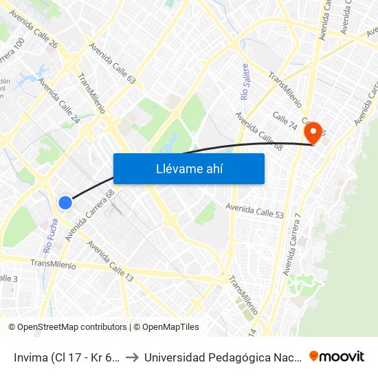 Invima (Cl 17 - Kr 68d) to Universidad Pedagógica Nacional map