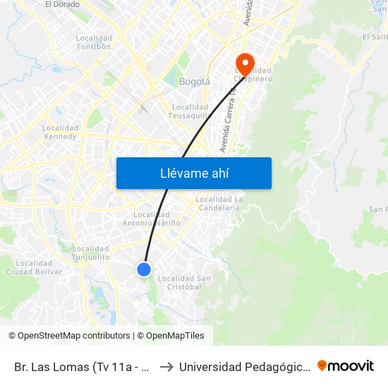 Br. Las Lomas (Tv 11a - Dg 38g Sur) to Universidad Pedagógica Nacional map