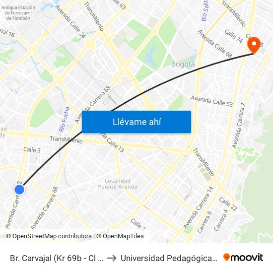 Br. Carvajal (Kr 69b - Cl 37a Sur) to Universidad Pedagógica Nacional map