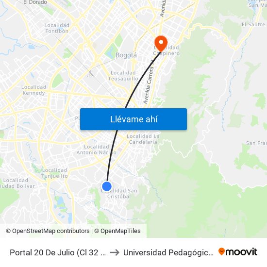 Portal 20 De Julio (Cl 32 Sur - Kr 3f) to Universidad Pedagógica Nacional map
