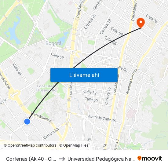 Corferias (Ak 40 - Cl 24c) to Universidad Pedagógica Nacional map